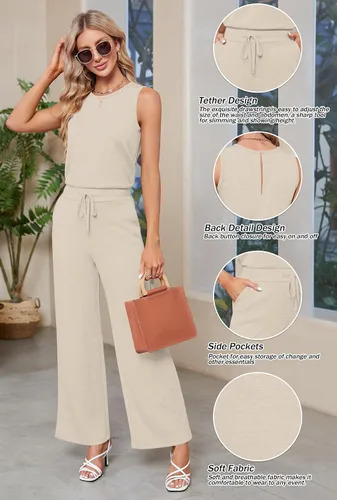Vista 4 de Sarin Mathews Air Essentials - Enterizo para mujer, casual, pierna ancha, pantalones largos, sin mangas, con cinturón, con bolsillos