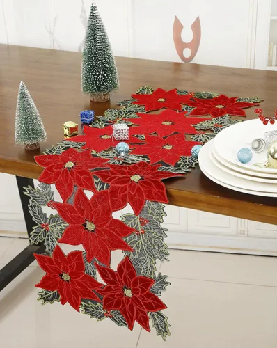 Vista 7 de GRANDDECO Camino de Mesa Navideño para Fiestas Campestres Bufandas de Tocador Bordadas con Flores de Nochebuena Navideñas Xmas para Casa Cocina Mesa