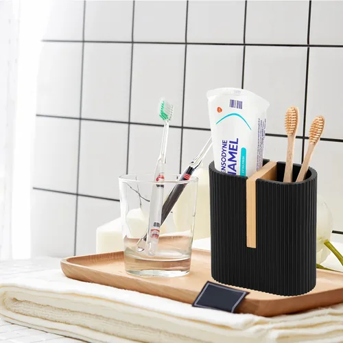 Vista 5 de Portacepillos de dientes para baño, soporte eléctrico de bambú para cepillos de dientes, color negro
