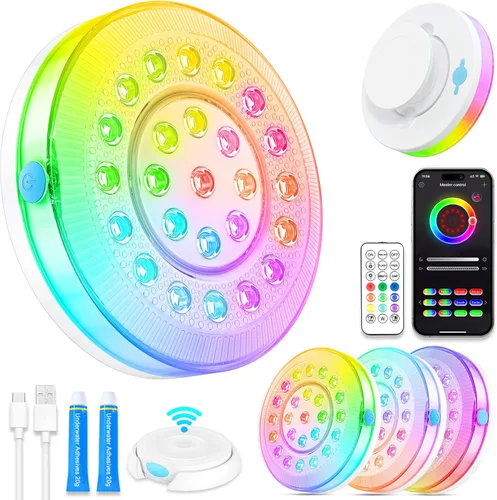 Vista 10 de Luz de piscina, 6 pulgadas, 25 LED RGB sumergible luz flotante Bluetooth APP Control, 4000mAh Rechargeable, IP68 Waterproof, Magnetic Mount, Above