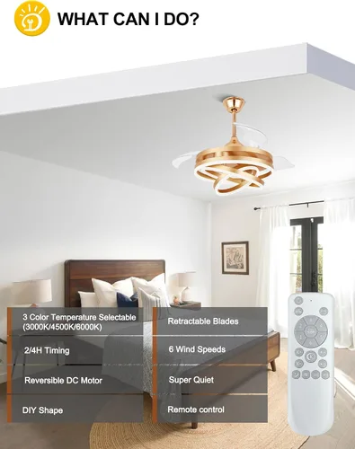 Vista 9 de Ventiladores de techo retráctiles de 42 pulgadas con luces ventilador de araña dorado moderno Gold Fandeier Ceiling Fans with Lights Quite DC