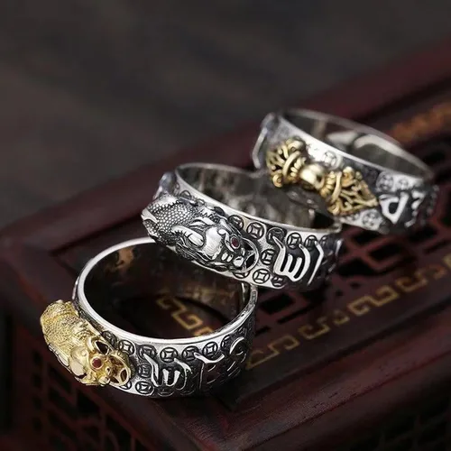 Vista 3 de SLINHEWEI Anillo de Feng Shui Pixiu Mantra 2023, anillo Pixiu Feng Shui para hombres y mujeres, anillo ajustable para riqueza y protección, amuleto