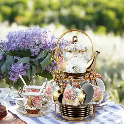 Vista 4 de Zhehao Juego de té de porcelana de 20 piezas con soporte de metal y cuchara para adultos, juego de té de cerámica para adultos, pintura de flores