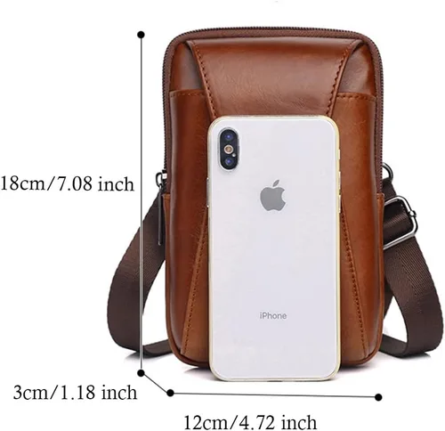 Vista 6 de Cinturón de cuero genuino para la cintura, bolsa cruzada simple para teléfono inteligente, bolsa de mensajero vintage pequeña para hombre