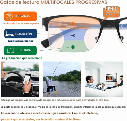 Vista 3 de Gafas de Lectura Multifocales para Hombres, Bifocales, Progresivas, Multifocales, sin Línea, de Lectura de Computadora, Bloqueo de Luz Azul, Armazón