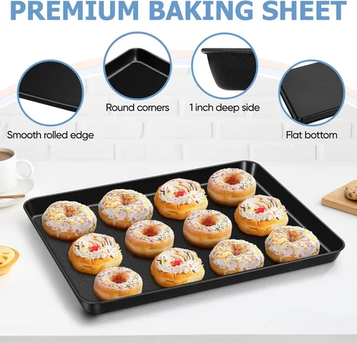 Vista 3 de TeamFar Juego de 4 bandejas para hornear con estante, 16 x 12 x 1 pulgadas, bandeja antiadherente para hornear galletas con estante de enfriamiento