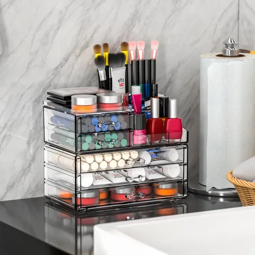 Vista 2 de Organizadores de maquillaje acrílicos transparentes y almacenamiento para tocador, organizador de cuidado de la piel para baño con 5 cajones