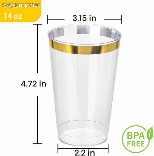 Vista 4 de I00000 Paquete de 100 vasos de plástico dorados de 14 oz, vasos desechables dorados vasos, copas de vino de plástico desechables, copas de cóctel