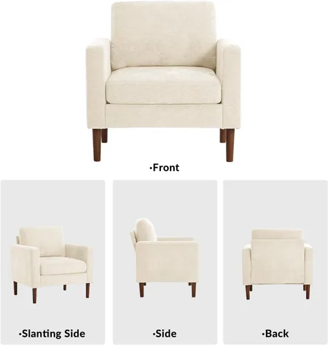 Vista 7 de Kingfun Silla decorativa, sillas de sala de estar, sillón de lectura de chenilla, de mediados de siglo con pie de madera maciza, decoración moderna