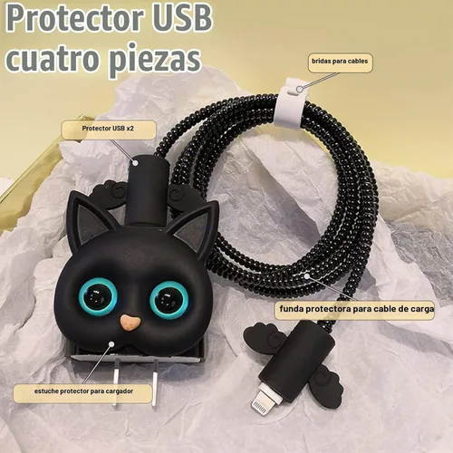 Vista 2 de Protector de cable de dibujos animados para cargador de iPhone, diseño de gato Kawaii 3D, cubierta de cable de línea de datos, protector de cable