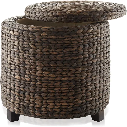 Vista 5 de Casafield Otomana de Almacenamiento Redonda de 17" con Tapa - Espresso, Reposapiés de Jacinto de Agua Tejido a Mano para Sala de Estar, Dormitorio