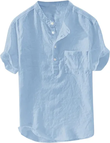 Vista 11 de Camisas de lino para hombre, de manga corta, con botones, estilo Henley, ligeras, sin cuello, hippie, playa, ropa