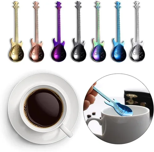 Vista 8 de Cuchara de café Cuchara de oro Herramienta creativa para beber de acero inoxidable Vajilla en forma de guitarra Negro Cubiertos (Plata)
