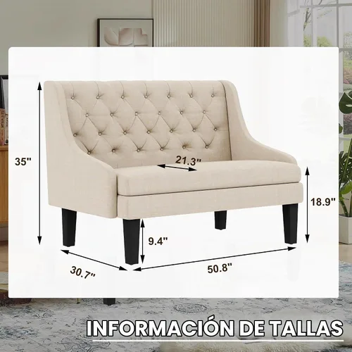 Vista 3 de Banco Settee con Respaldo Mini Sofá para Comedor Sala de Estar Entrada Moderno Banquette Tapizado con Botones Capitoné Loveseat Sofá con Patas