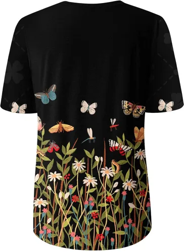 Vista 5 de Long Shirt Women Women's Summer Round Neck Flower Print Short Sleeve T-Shirt Top Blouse Juniors Summer Tops