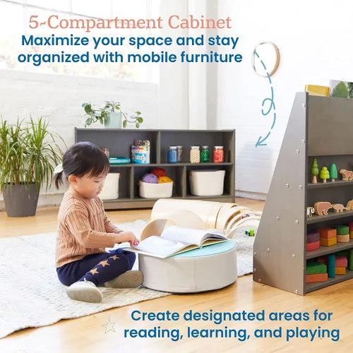 Vista 4 de ECR4Kids Gabinete de almacenamiento móvil de 5 compartimentos, para niños pequeños, mobiliario para aulas, Gris lavado