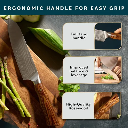 Vista 3 de Home Hero Colección de cuchillos japoneses Santoku VG10 con remache de acero de Damasco ultra afilado, 67 capas, mango ergonómico de palisandro