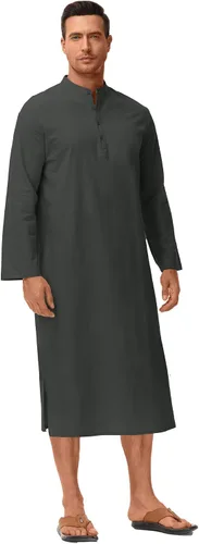 Vista 2 de LVCBL Kaftan para hombre, de manga larga, caftán, thobe, con abertura lateral, bata musulmana, con botones, túnica larga Gris-oscuro