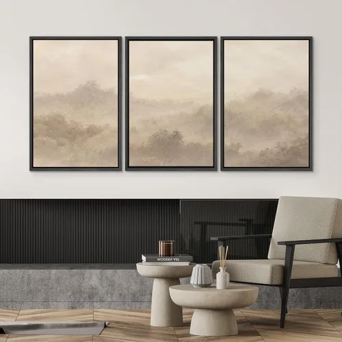 Vista 460 de SIGNWIN Lienzo enmarcado para pared, juego de arte pastel con cadena montañosa, bosque, niebla, naturaleza silvestre, ilustraciones modernas, arte