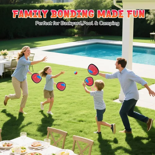 Vista 9 de JoyCat Juego de pelota de lanzar y atrapar, juego de 2 bolas adhesivas para adultos y 2 niños, juego familiar para atrapar al aire libre para playa
