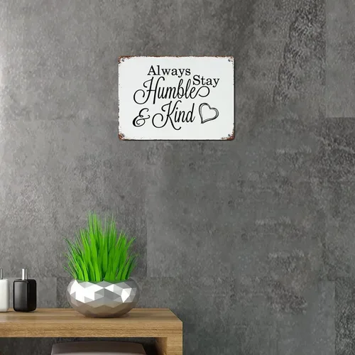 Vista 5 de Letrero de metal para la familia, letrero de metal decorativo con texto en inglés "Always Stay Humble And Kind", divertido diseño retro, placa