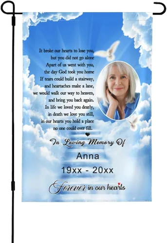 Vista 9 de Bandera de memoria personalizada con nombre de foto, fecha, letrero funerario personalizado, bandera conmemorativa personalizable para jardín