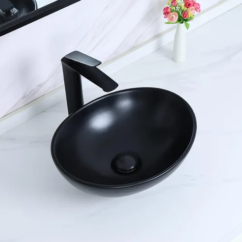 Vista 7 de Davivy Fregadero ovalado negro mate de 15.7 x 13 pulgadas con drenaje desplegable, fregaderos de baño sobre encimera, fregaderos de baño, fregaderos