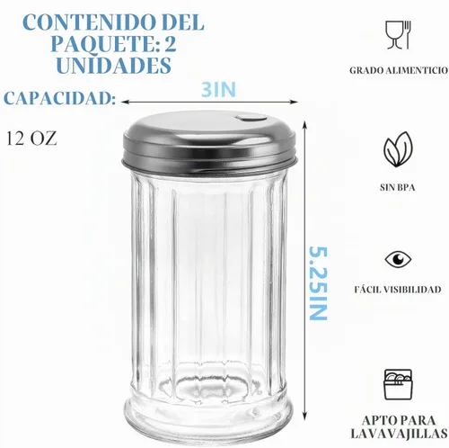 Vista 2 de Tebery Paquete de 2 dispensadores de azúcar de vidrio de 12 onzas, vertidor/coctelera con tapa de acero inoxidable, estilo retro