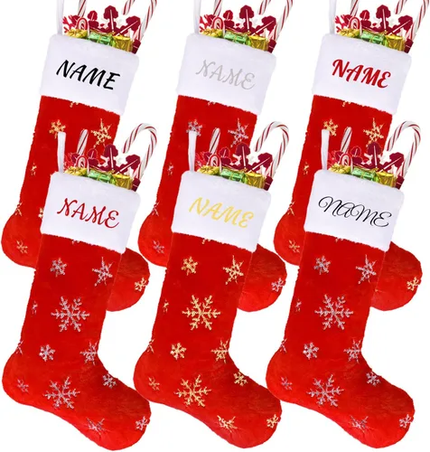 Vista 20 de Calcetines negros de piel sintética de Navidad, 1 paquete grande de 22 pulgadas, medias colgantes de felpa negra con nombre personalizado con copos