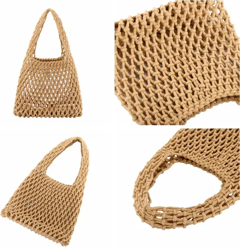 Vista 6 de Ayliss Mini bolso de mano para mujer, de algodón, ganchillo, asa superior, cordón para playa, tejido de red, bolsa de red de pesca