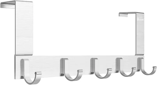 Vista 12 de Ganchos de puerta para colgar en la puerta, organizador de aluminio para toallas, soporte para baño Kithchen, 5 ganchos para colgar sobre la puerta