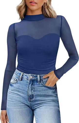 Vista 24 de Camisas de manga larga de malla sexy para mujer, ropa de moda, cuello de tortuga, drapeada, para salir, trajes de otoño, blusas ajustadas Negro