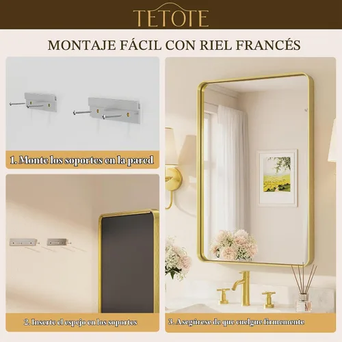 Vista 7 de TETOTE Espejo de marco dorado cepillado de 16 x 24 pulgadas, espejo de tocador de baño de latón dorado para pared, espejo enmarcado rectangular