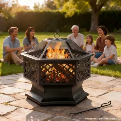 Vista 3 de Panovue - Chimenea hexagonal de 28 pulgadas para quemar madera, con pantalla anti-chispas y atizador, chimenea de metal con forma de hexágono