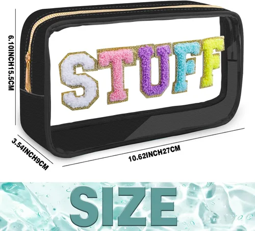 Vista 7 de Preppy Patch STUFF - Bolsa de maquillaje con letras de chenilla para mujeres, bolsa de PVC transparente con cremallera, bolsa de parches