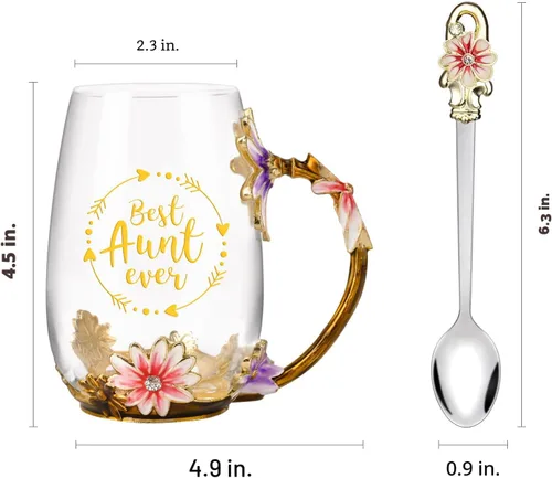 Vista 2 de OEAGO Regalos para tía de sobrina y sobrino Taza de té Regalo genial de cumpleaños Esmalte Flores Vasos de vidrio Tazas de Navidad Día de las Madres