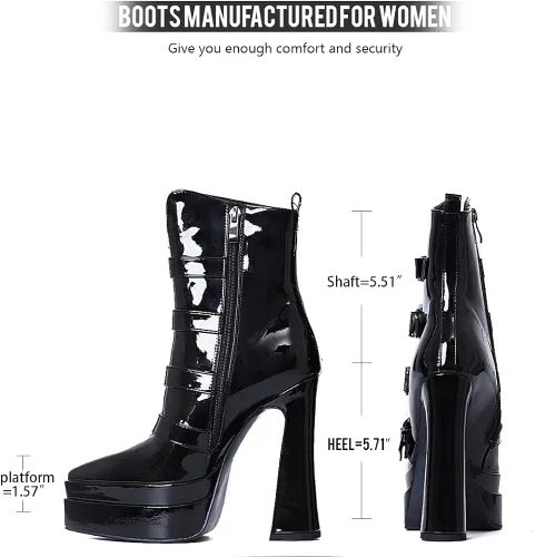 Vista 4 de Artrotter Botas de plataforma para mujer botas de tacón alto grueso y puntiagudo botas de combate con correas de hebilla cremallera lateral