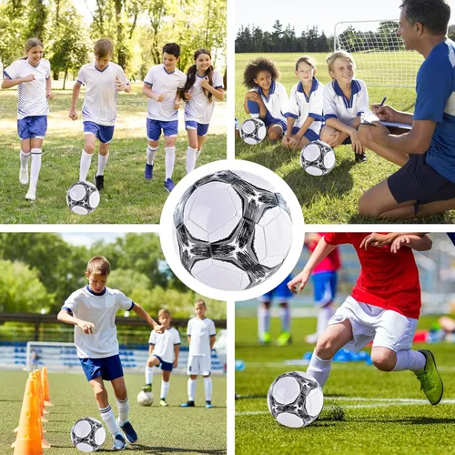 Vista 5 de Paquete de 6 pelotas de fútbol clásicas desinfladas tamaño 3/4/5 con bomba y bolsa de malla para interiores y exteriores, césped, entrenamiento