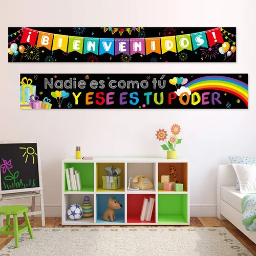 Vista 5 de Blulu Cartel de bienvenida en español, cartel inspirador en español para el primer día de escuela, cartel motivacional con 40 puntos adhesivos