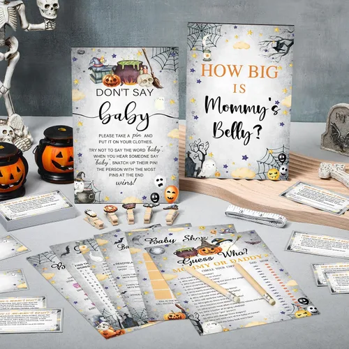 Vista 2 de Funnymoom Set de 426 piezas de juegos de baby shower de Halloween, 8 juegos, incluye bingo de baby shower, el precio correcto, adivina quién