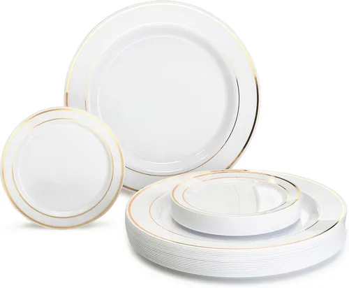 Vista 2 de Occasions" - Juego de 125 piezas (25 invitados) - Platos y cubiertos de plástico para boda, vajilla pesada desechable de 10.5 pulgadas, 6.25