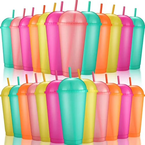Vista 8 de Hsei - Paquete de 24 vasos helados reutilizables con purpurina con tapas de cúpula y pajitas, vaso de plástico de 24 onzas, taza de café helado