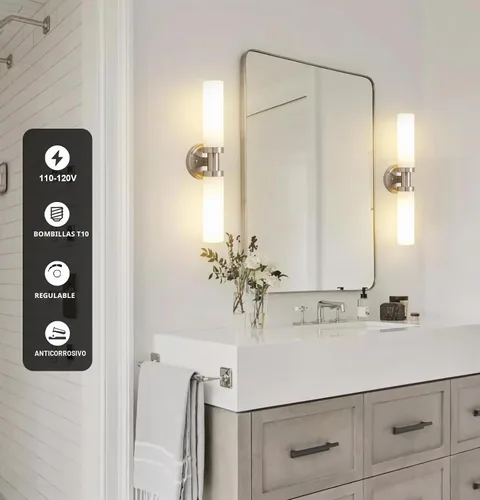 Vista 3 de SANTOSTOCK Lámparas de baño de níquel cepillado, 2 luces de tocador con pantalla de vidrio blanco, apliques modernos para pared, espejo, cocina