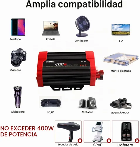 Vista 6 de Inversor de corriente NDDI POWER 400W, adecuado para teléfonos móviles, computadoras portátiles, etc. DC 12V to 110V AC Car Plug Adapter Socket, 2
