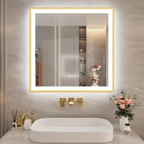 Vista 25 de Espejo de baño LED de 24x28 pulgadas con marco negro, espejos de baño retroiluminados y con luz frontal para pared, antiempañamiento, regulable