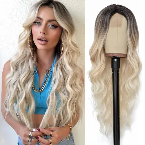 Vista 16 de NAYOO Peluca larga ondulada rubia ombré para mujer, de 26 pulgadas, parte media, rizada, ondulada, de aspecto natural, fibra sintética resistente al
