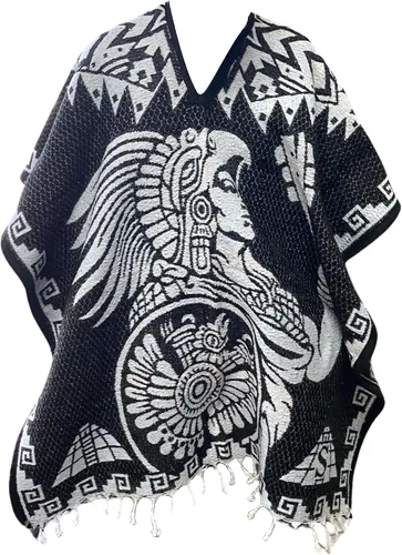 Vista 3 de Del Mex Auténtico Poncho Mexicano Cobija Gaban Manta - Blanco y Negro