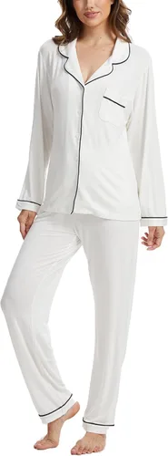 Vista 19 de Juego de pijama con botones para mujer, de manga larga, ropa de dormir suave, conjunto de ropa de descanso, tallas XS-XXL bean paste