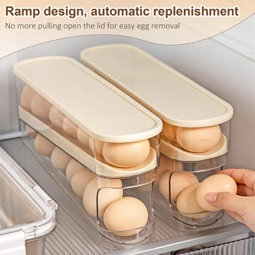 Vista 5 de Soporte para huevos para nevera, organizador de huevos para refrigerador de desplazamiento automático para huevos, dispensador rodante, contenedor