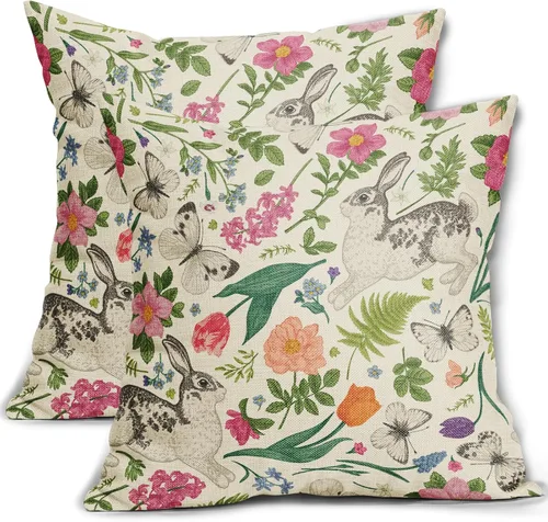Vista 18 de Juego de 2 fundas de almohada de primavera de 16 x 16 pulgadas, diseño de conejo, flores rosas, hojas verdes salvia, plantas botánicas vintage